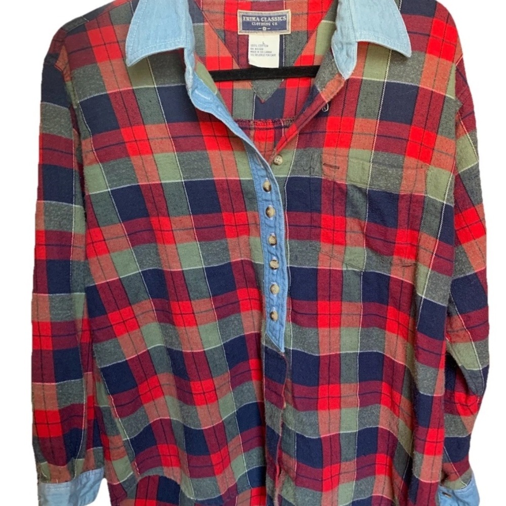 Vintage Erika Classics 90”s Red Plaid Shirt Denim Detail